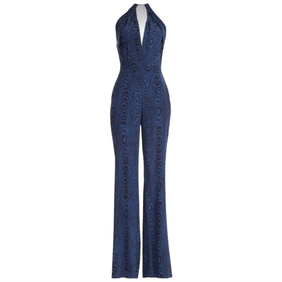 Diane Von Furstenberg Silk Blue Black Silk Swirl Tie V-neck Jumpsuit Size 6 - Picture 5 of 16
